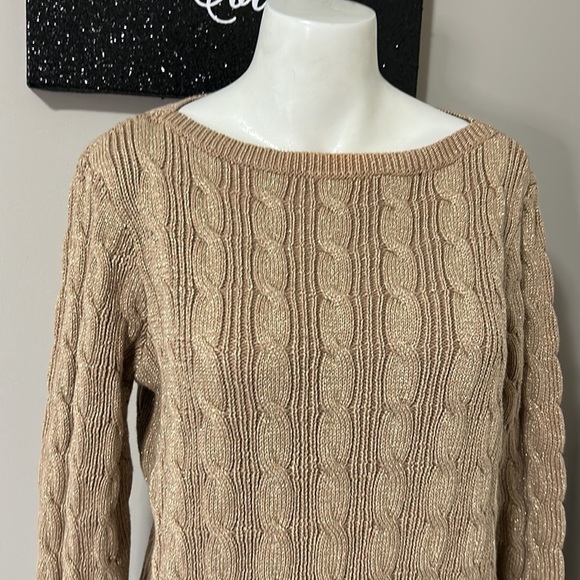 RALPH LAUREN Womens Tan Shimmer Cable Knit Long Sleeve Boat Neck Sweater Sz XL - Picture 4 of 12